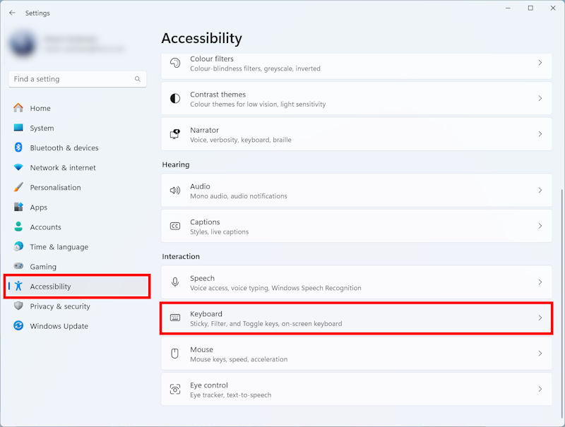 Open the Accessibility settings and click Keyboard in the right-hand column